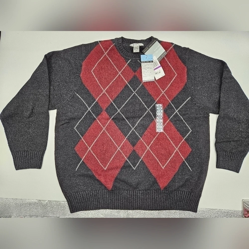 NWT Geoffrey Beene Gray & Burgundy ARGYLE Pullover 100% Cotton Sweater Sz XXL